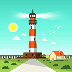 Wall Mural - Lighthouse Tower Vector Illustration with Seagulls on Blue Sky, House and Sun