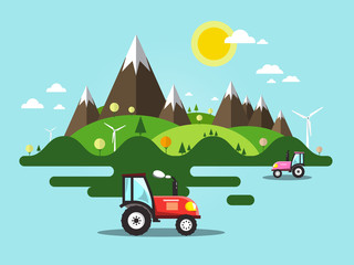 Sticker - Flat Design Vector Landscape with Tractor on Field, Mountains and Hills. Ecology Farm. Nature Scene.