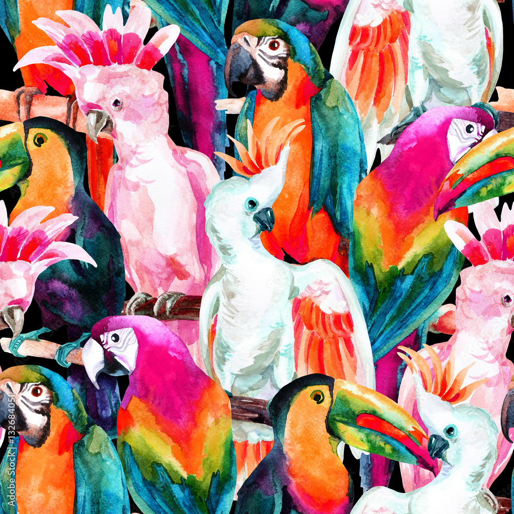 Papel de parede watercolor parrots seamless pattern