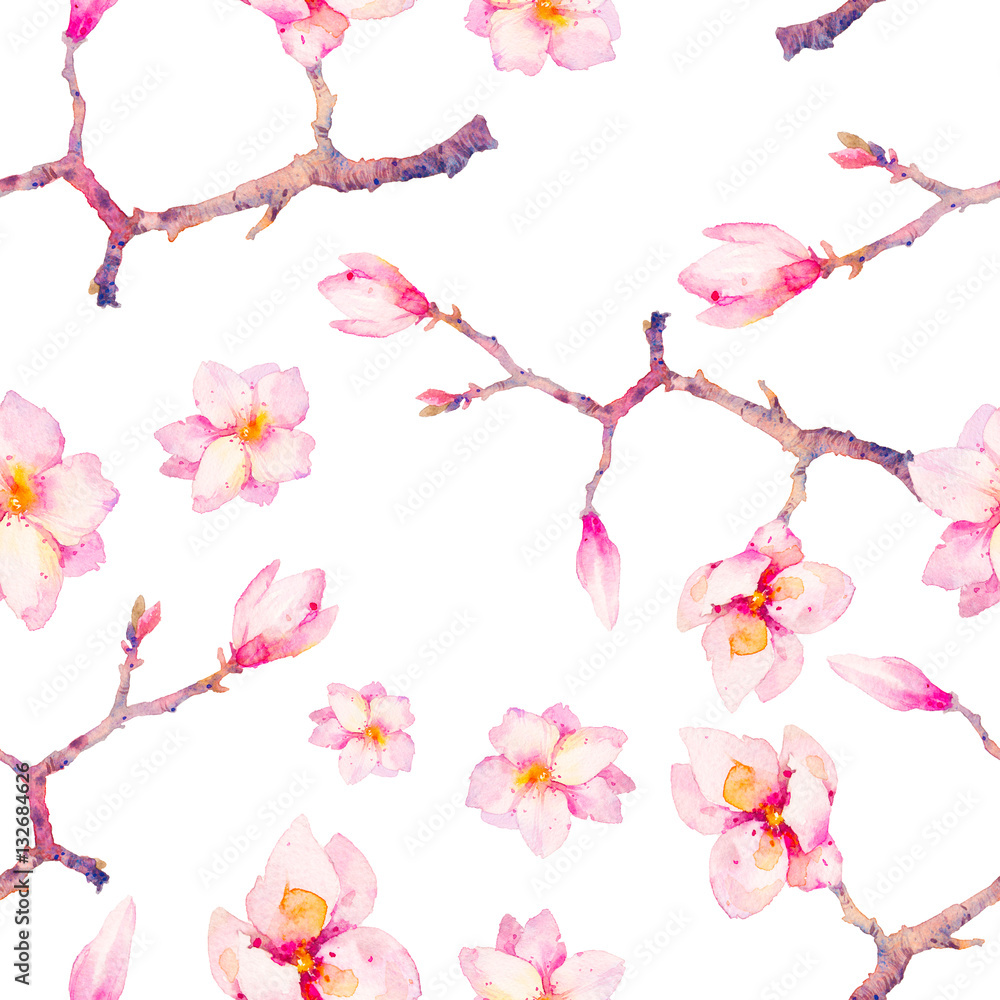 Watercolor spring seamless pattern. Hand painted texture with magnolia ...