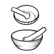 Mortar and pestle. Linear logo illustration. Cooking utensils. To prepare the seasoning.
