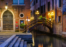 Night View Of Canal In Venice, Italy