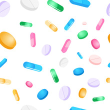 Vector Seamless Pattern Tablets And Pills On A White Background
