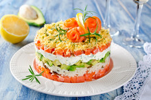 Layered Salad With Salmon, Avocado And Cream Cheese