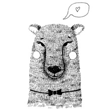 Hand Drawn Cute Bear Hand Illustration. Ink Sketch With Wild Animal - Bear With Bow Tie, Cheeks And Speech Bubble With Heart