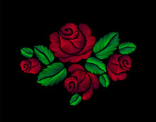 Red Roses Embroidery Fashion Hand Drawn Illustration Flower Vector