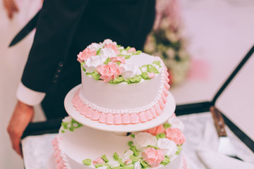 Wall Mural - Wedding ceremony. Bride and groom cutting cake.