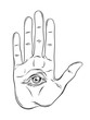 Spiritual hand with the allseeing eye on the palm. Occult design isolated vector illustration