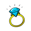 Diamond ring vector patch badge, sticker, pin isolated on white. Vector cartoon blue shine brilliant, adamant, gem stone. Cool luxury illustration. Modern fashion Pop Art comic style 80s 90s
