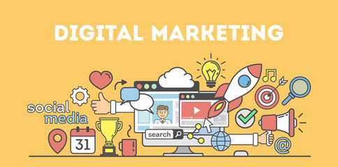 Digital marketing concept poster. Digital design. Social network and media communication. Creative icons.