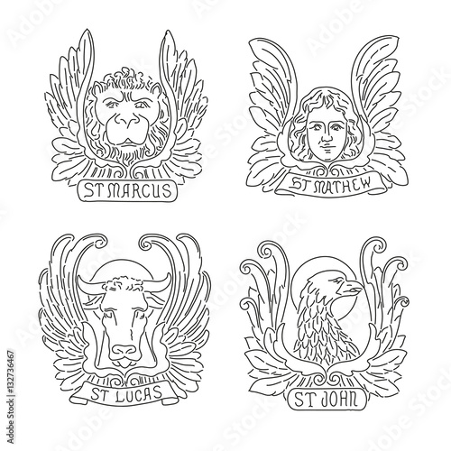 Cuadros en Lienzo Four evangelists line symbols: angel, lion, bull and eagle