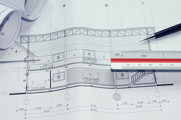 architectural plans project drawing with blueprints rolls