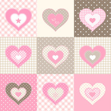Set Of Nine Pink Hearts In Country Style, Illustration