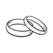 Pair Of Traditional Golden Wedding Rings, Sketch Style Illustration Isolated On White Background. Realistic Hand Drawing Of Rings For Bride And Groom, Symbol Of Eternal Love