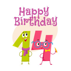 Wall Mural - Happy birthday vector greeting card, poster, banner design with cute and funny fourteen number characters. fourteen smiling characters, happy birthday greeting card template