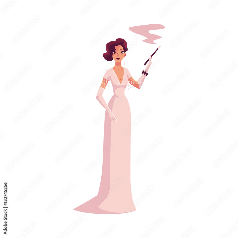 Woman in 1920s evening dress and gloves with a cigarette holder, cartoon  vector illustration isolated on white background. Beautiful blond woman in evening  gown at a vintage party Stock Vector | Adobe