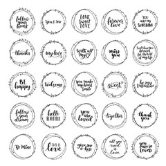 Wall Mural - Valentines Day vector wreath set. Romantic floral design for your inspiration. Black ink hand drawn lettering about love and motivation on white isolated background.