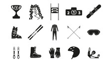Alpine Downhill Slalom. Silhouette Icon Set Of Equipment, Wear And Shoes. Vector Illustration.