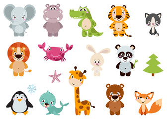 big set isolated animals. vector collection funny animals. cute animals: forest, farm, domestic, pol