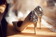 Wedding Concept. Bride's Shoes And Veil