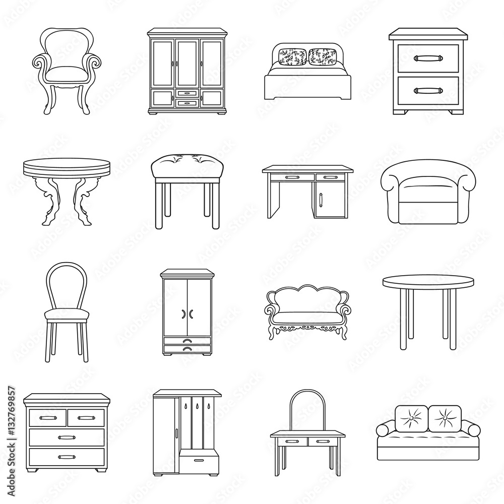 Furniture and home interior set icons in outline style. Big collection ...
