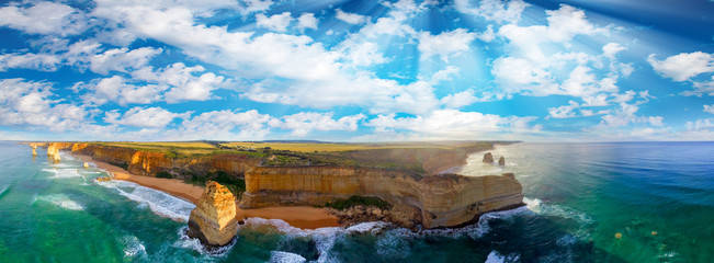 Poster - Panoramic aerial view of Twelve Apostles coastline at sunset, Gr