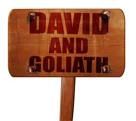 Wall Mural - david and goliath, 3D rendering, text on wooden sign