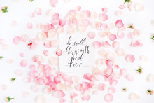 Do Small Things With Great Love. Inspirational Quote Made With Calligraphy And Floral Pattern With Pink Rose Petals. Flat Lay, Top View