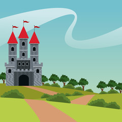 Wall Mural - cute castle red roof flags landscape road vector illustration eps 10