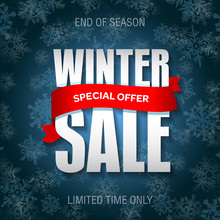 Winter Sale Badge, Label, Promo Banner Template. Special Winter Sale Offer Text On Red Ribbon.