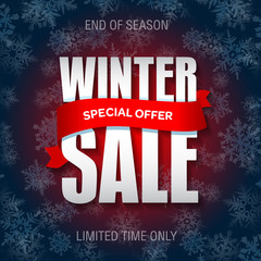 Winter sale badge, label, promo banner template. Special winter sale offer text on red ribbon.