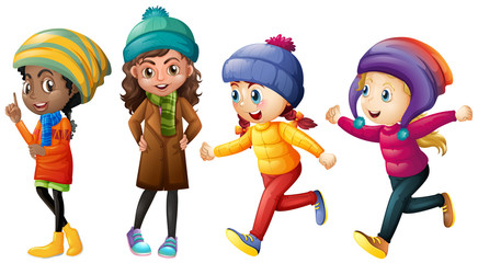 Canvas Print - Four cute girls in winter clothes