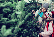 Woman With Daughter Buying Christmas Tree In Market