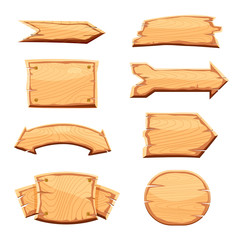 Canvas Print - Wooden label set isolated on white background vector illustration. Various shapes wooden sign board for sale, price, discount sticker, banner, badge. Realistic wooden label retro style collection