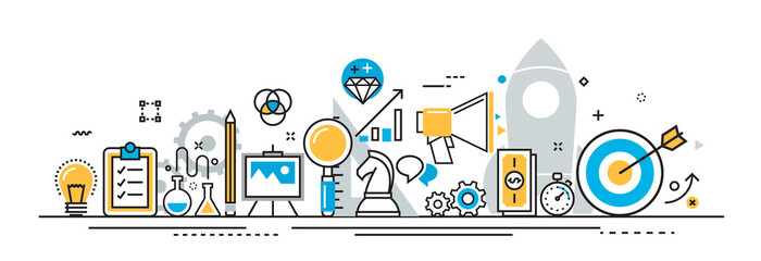 Wall Mural - flat line design illustration concept of business project startup process banner for website header 