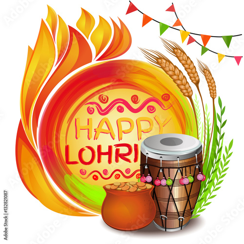 Fotografia, Obraz Colorful background for Punjabi festival with decorated drum (Dhol), lohri celebration bonfire, pot, wheat and greeting inscription - Happy Lohri