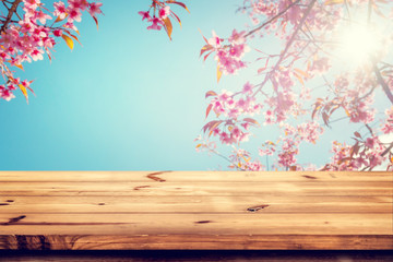 Wall Mural - top of wood empty ready for your product and food display or montage with pink cherry blossom flower
