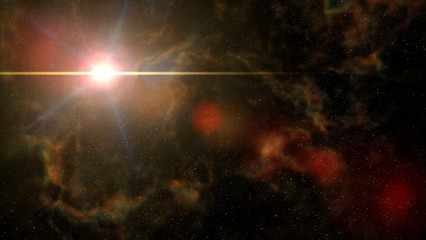 Wall Mural - bright beautiful star shining in deep space (with colourful nebula and intense lens flare)