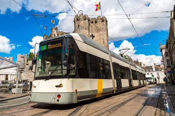 Wall Mural - City tram in Gent in a beautiful summer day, Belgium