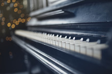 Closeup Of Vintage Piano Keyboard. Beautiful Blur Background