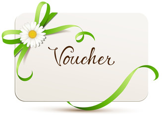 Wall Mural - card with green bow and daisy blossom - voucher 