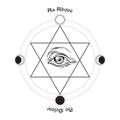 Wall Mural - Hand drawn medieval esoteric style vector illustration. Eye of providence in the center of the hexagram. As above, so below - is a maxim in sacred geometry or hermeticism.