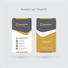 Wall Mural - Golden and Gray Vertical Business Card Print Template. Double-sided Personal Visiting Card with Company Logo. Clean Flat Design. Rounded Corners. Vector Illustration. Business Card Mockup with Shadows