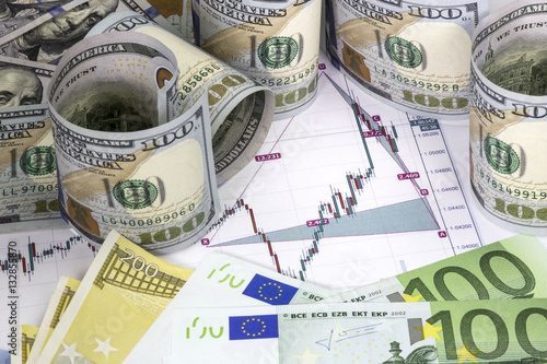 Euro Dollar Currencies Prices Diagram Bills Rolled Hundred Euro Dollar Currencies Prices Diagram Bills Rolled Hundred Us Dollars Staying On The Chart Part Of With Flag 100 And 200 Banknotes