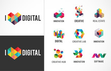 Creative, Digital Abstract Colorful Icons, Elements And Symbols, Logo Collection, Template