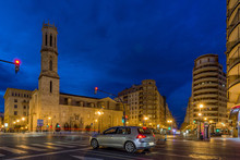 Beautiful View Of The Plaza De Sant Agusti Square In The Historic Center Of Valencia, Spain, Illuminated By The Light Of The Blue Hour