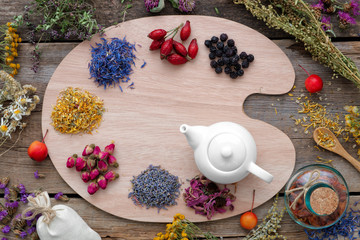 Wall Mural - Healing herbs on wooden palette and tea kettle, top view.