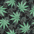 Cannabis or Marijuana seamless pattern.Hand drawn vector pattern with Cannabis leaf and clouds of smoke.
