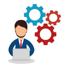 Sticker - business people with gears training icon vector illustration design