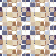 Seamless Geometric Mosaic Checked Pattern. Background Of Woven Rectangles And Squares. Patchwork, Ceramic, Tile Texture. Brown, Beige, Lilac Colors. Vector